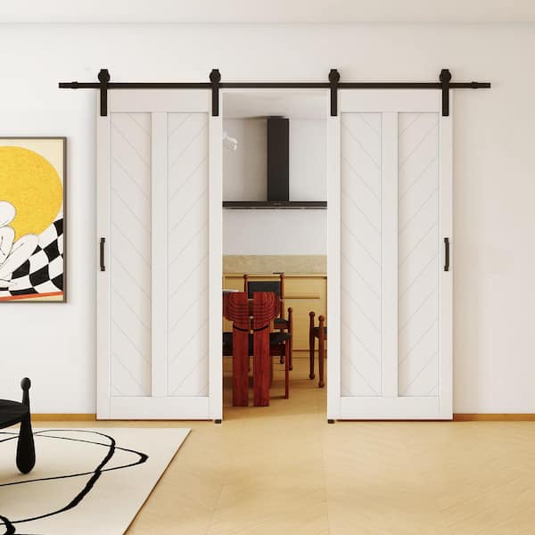 72 in. x 84 in . (Double 36" Doors) White, V Frame, Finished, MDF Sliding Barn Door with Hardware Kit