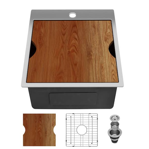 13 in. x 15 in. Drop-In Single Bowl 18 Gauge Brushed Chrome Stainless Steel Bar Sink with Bottom Grids