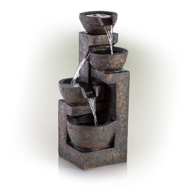 Alpine Corporation 24 in. Tall Indoor/Outdoor 3-Tier Cascading Stone Bowl Fountain, Brown