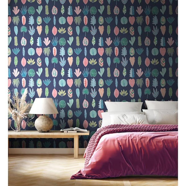 Leaf Boogie Denim Multi-Colored Tropical Mix Botanical Paper Washable Wallpaper Roll