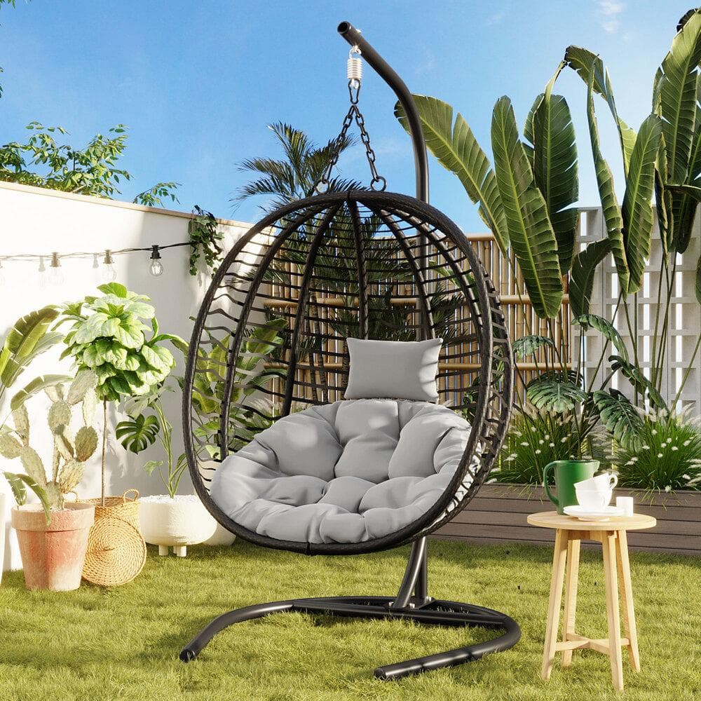 Single Person Patio Black Wicker Folding Egg Swing Chair with Stand, Gray Cushion, Adjustable Feet for Balcony Garden price history on PriceWatchPro