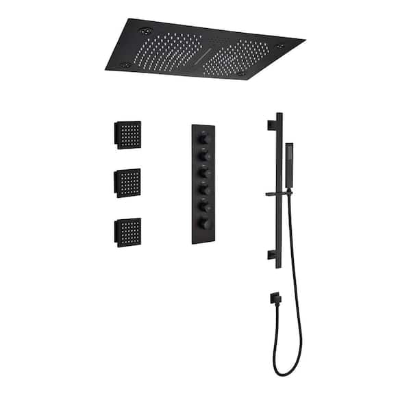 Mondawe 5 Spray 2.5 GPM 28 in. Shower Head Flush-Mounted Luxury LED and Music Thermostatic Shower System in Matte Black