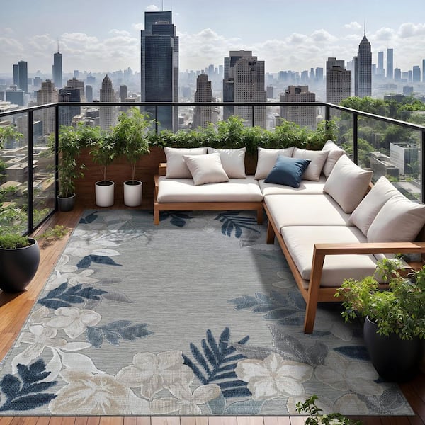 Eden 10 ft. x 14 ft. Blue  Washable Border Floral Indoor Outdoor Area Rug