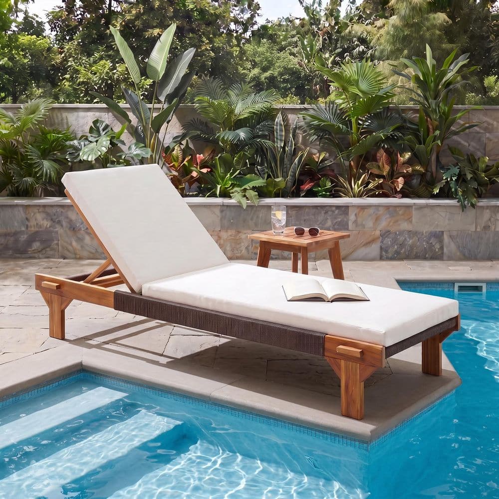Patio Teak Solid Wood and Dark Brown Rope Woven Outdoor Chaise Lounge with Cream Cushion price history on PriceWatchPro