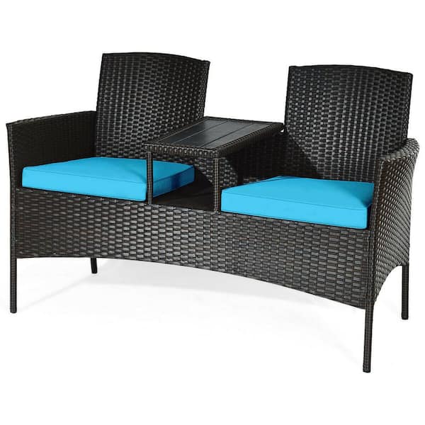 FORCLOVER Mix Brown Wicker Outdoor Loveseat With Turquoise Blue Cushions and Center Tea Table