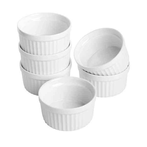 6-Piece White Ceramic Porcelain Ramekins Set Oven Safe Mini Baking Bowls for Souffle Creme Brulee Desserts