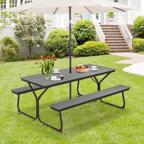Boyel Living 72 in. Gray Rectangle Metal Outdoor Picnic Table Bench Set for 6-8 People with Umbrella Hole