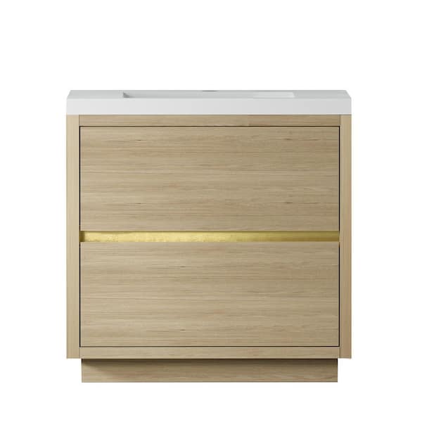 36 in. Freestanding Natural Oak Bath Vanity with Glossy White Solid Surface Top Assembled