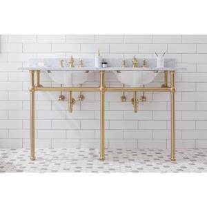 Embassy 60 in. Double Sink Carrara White Marble Countertop Washstand in Satin Gold PVD with P-Trap and Faucet