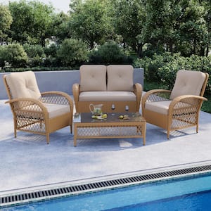 4-Piece Wicker Patio Conversation Set Outdoor Chair Set with Loveseat and Coffee Table, Beige Cushions