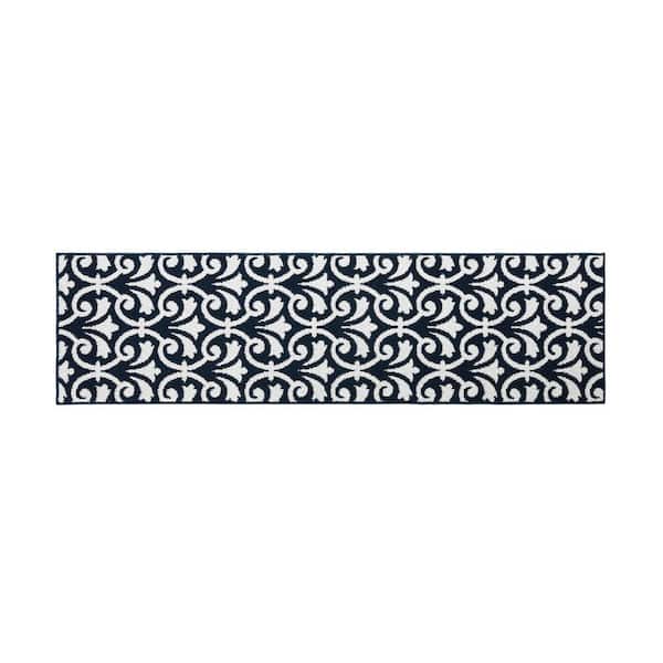 Jean Pierre Washable Non-Skid Navy and White 2 ft. 2 in. x 8 ft. Medallion Runner Rug