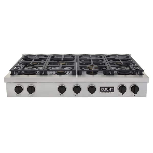Kucht Professional 48 in. Natural Gas Range Top in Stainless Steel and Tuxedo Black Knobs with 7 Burners