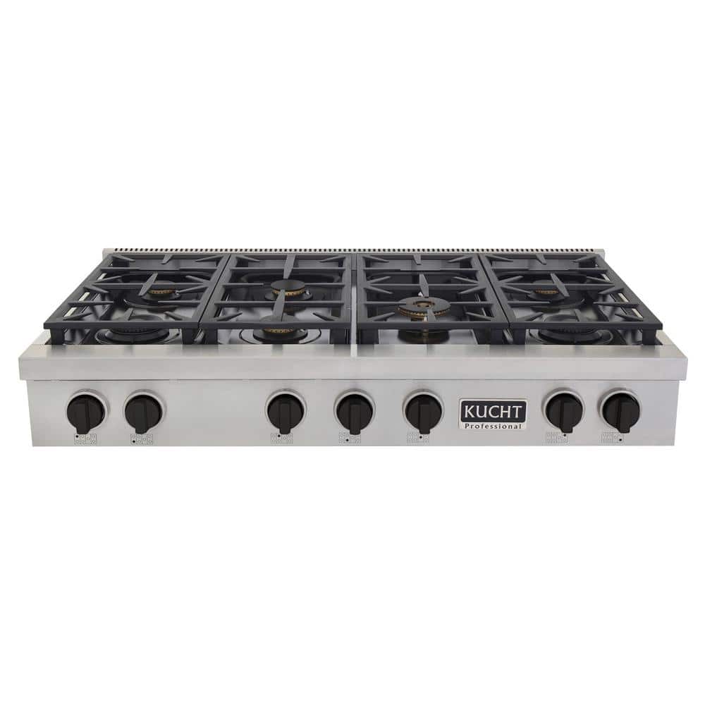 Kucht Professional 48 in. Liquid Propane Range Top in Stainless Steel and Tuxedo Black Knobs with 7 Burners