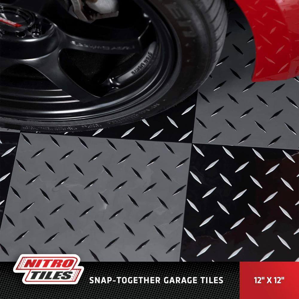 Black and Gunmetal Diamond Plate Interlocking Garage Floor Tiles, 12 x 12, 40 Pack