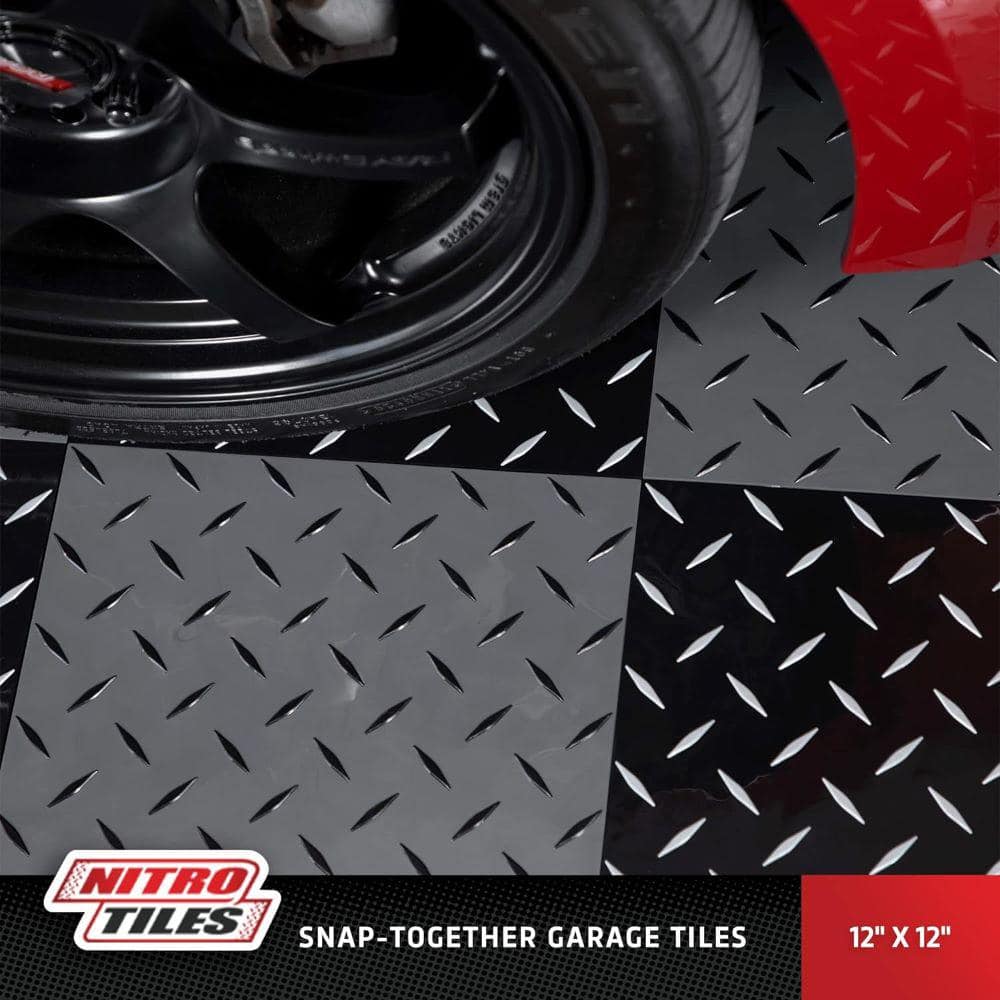 Gunmetal and Black Diamond Plate Interlocking Garage Floor Tiles