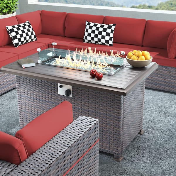 15-Piece Wicker Patio Fire Pit Set with Glass Coffee Tables 55,000 BTU Fire Pit Table, Glass Wind Guard and Cushion Red