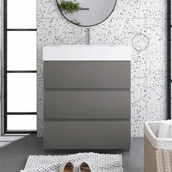 Staykiwi 29.9 in. W x 18.1 in. D x 37 in. H Single Sink Freestanding Bath Vanity in Gray with White Solid Surface Top