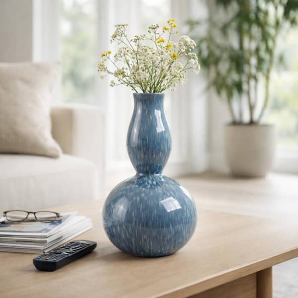 Liv & Skye 17.75 in. Teal Blue Ceramic Double Gourd Decorative Vase