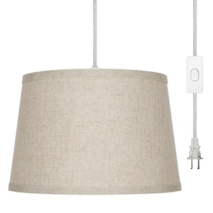 60-Watt 1-Light Pendant Hanging Light with Beige Fabric Shade and 15 ft. Clear Cord