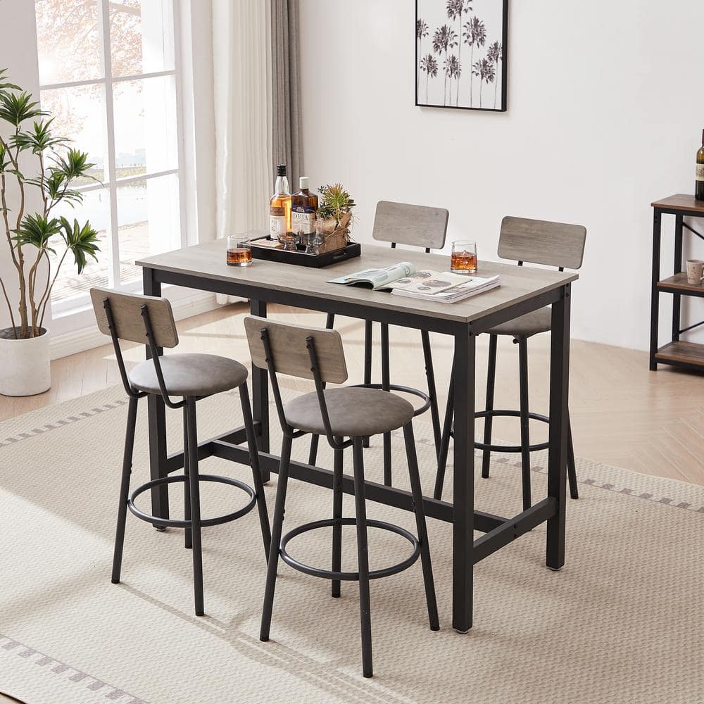5-Piece Wood Bistro Sets with 4 Bar stools, PU Soft Seat with Backrest, Gra