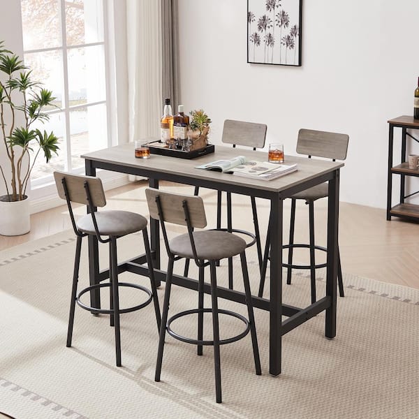 Unbranded 5-Piece Wood Bistro Sets with 4 Bar stools, PU Soft Seat with Backrest, Gray for Patios, Backyards, Porches