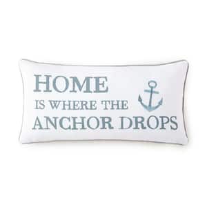 Provincetown White, Grey, and Soft Teal Anchor Embroidered and Trim 12 in. x 24 in. Throw Pillow