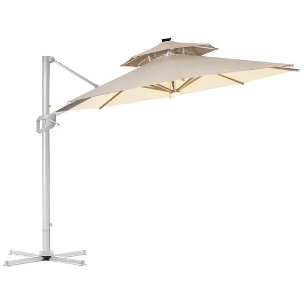 PASAMIC 12 ft. Double Top Aluminum Patio Offset Umbrella Cantilever Umbrella, Center light And Strip Lights in Beige