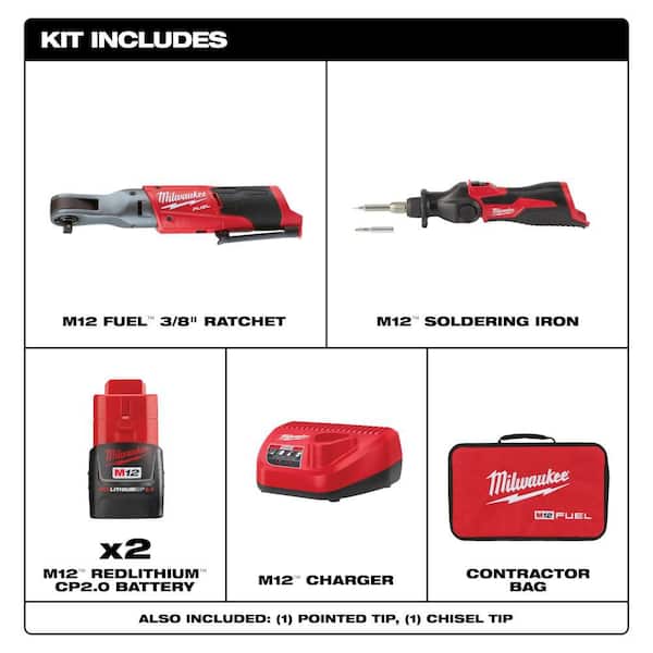 M12 FUEL 12V Lithium-Ion Brushless 3/8 in. Cordless Ratchet Kit with (2) 2. 0Ah Batteries, Charger, Bag & Soldering Iron