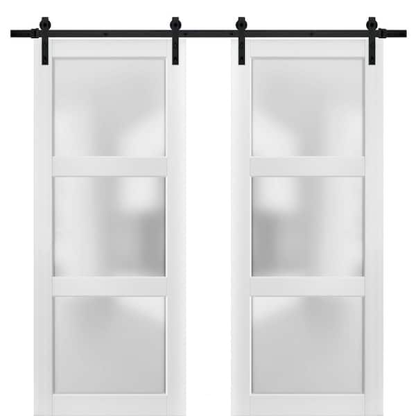 Sartodoors 18 in. x 96 in. 2 Panel Frosted Glass White Solid Wood Sliding Barn Door with Hardware Kit