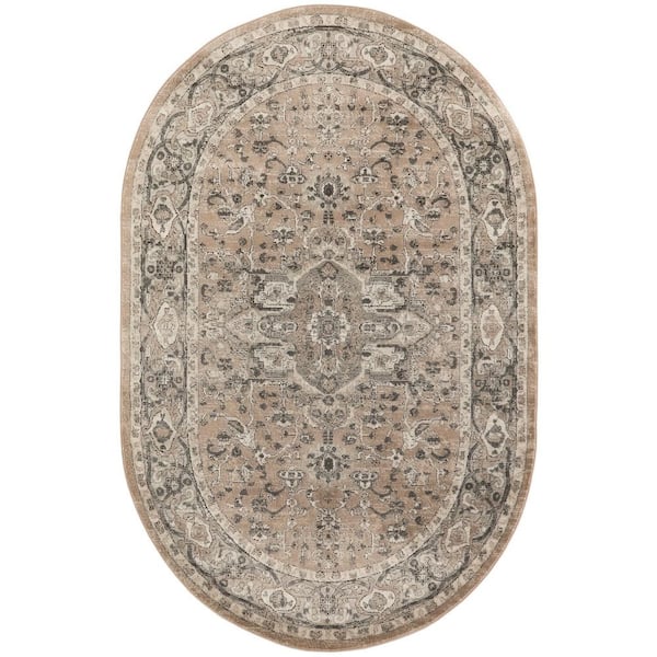 Concerto Beige Grey 6 ft. x 9 ft. Center medallion Traditional Oval Area Rug