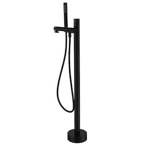 Modern Single-Handle Floor Mount Freestanding Tub Faucet with Hand Shower and Built-in Valve in Matte Black