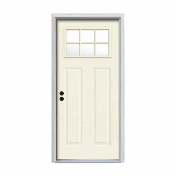 JELD-WEN 30 in. x 80 in. 6 Lite Craftsman Vanilla Painted Steel Prehung Right-Hand Inswing Front Door w/Brickmould