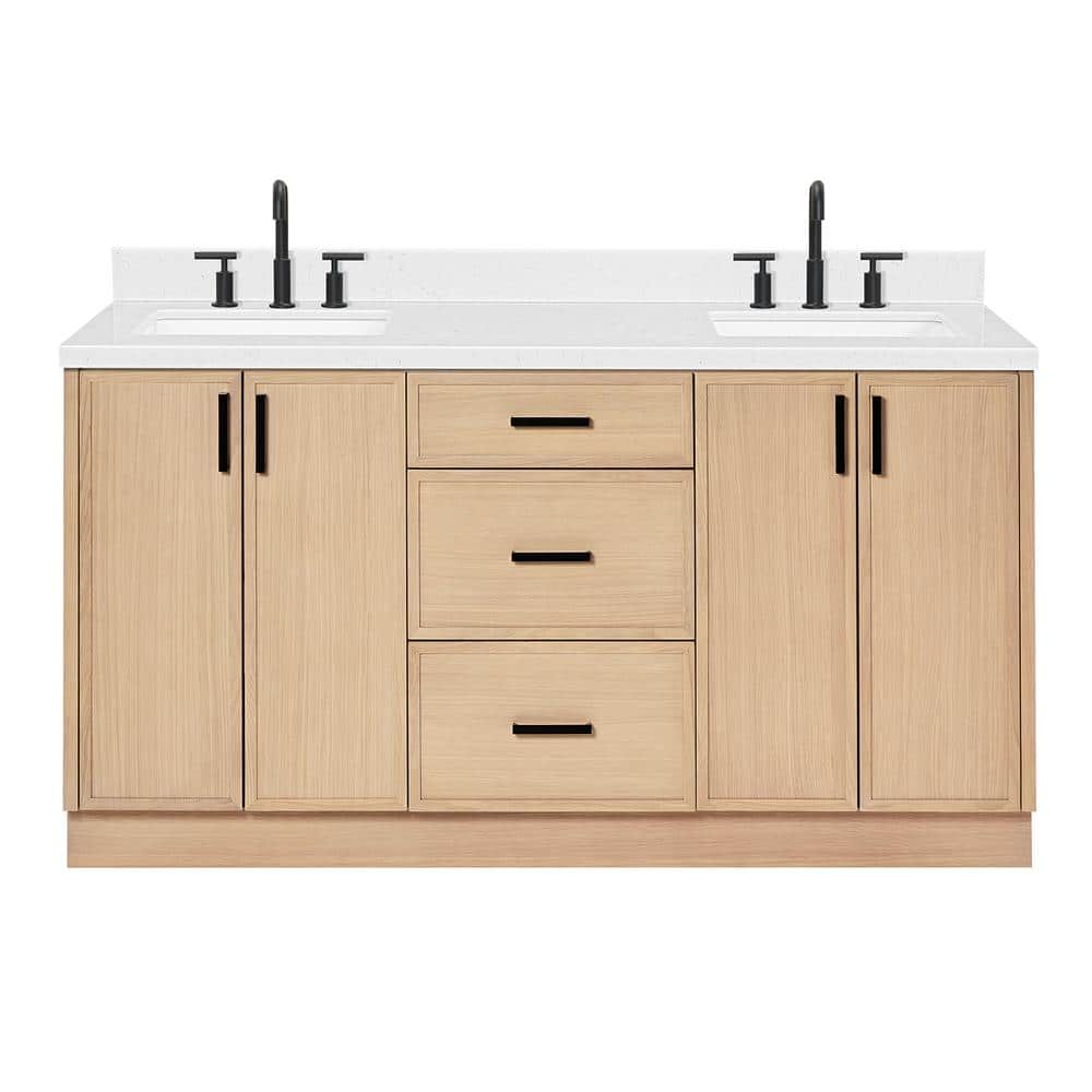 Kelly 66" Oak Double Sink Vanity with Carrara Quartz Top