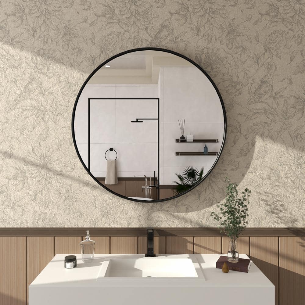 Hermitage Bath Tanx 32 in. W x 32 in. H Round Framed Wall Bathroom Vanity Mirror in matte Black ...