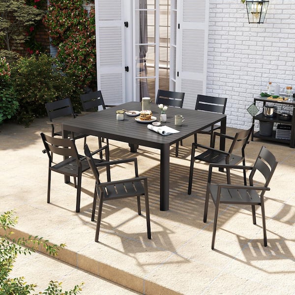 Pellebant 9-Piece Aluminum Extendable Outdoor Dining Set in Black with Extension Folding Leaf