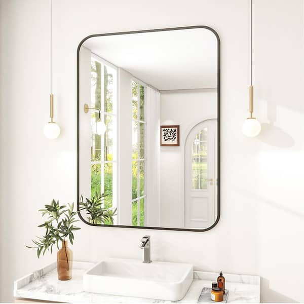 XRAMFY 30 in. W x 39 in. H Rectangular Modern Aluminum Alloy Framed Rounded Black Wall Mirror