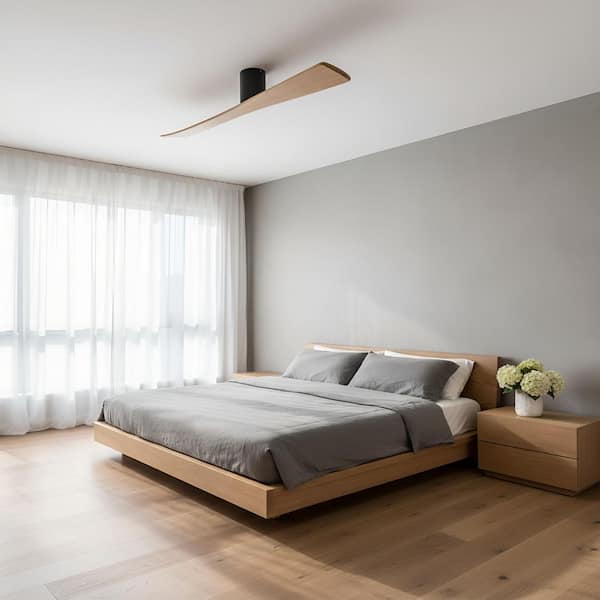 Fan Plank 52 in. Smart Midnight Black Modern Flush Mount Standard Ceiling Fan with Remote and Natural Honey Blades