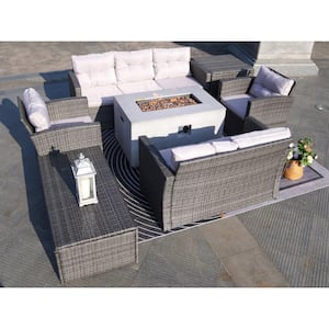 Fort 7-Pieces Wicker Rock and Fiberglass Fire Pit Table with Gray Cushions Sectional Sofa Set and 2 Storage Box