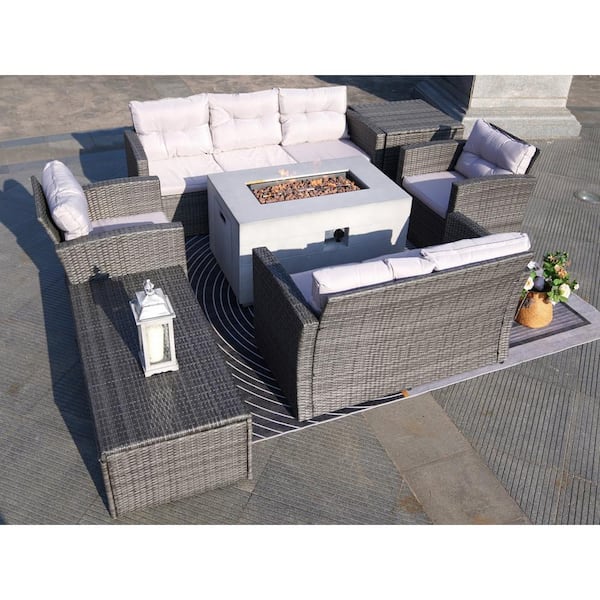 moda furnishings Fort 7-Pieces Wicker Rock and Fiberglass Fire Pit Table with Gray Cushions Sectional Sofa Set and 2 Storage Box