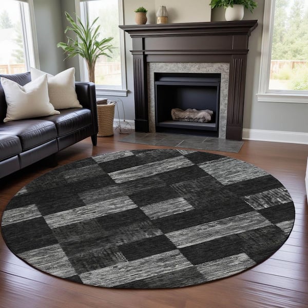 Mayfield Premium Machine Washable Abstract AMF1139 Black 8 ft. x 8 ft. Round Rug