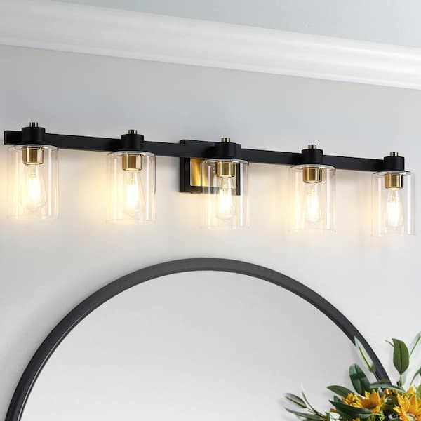pasentel 40.5 in. 5-Light Matte Black and Gold Bathroom Vanity Light with Clear Glass Shades