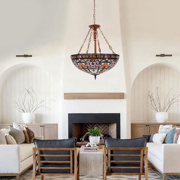 OUKANING 4-Light Colorful Retro Pendant Light with Stained Glass