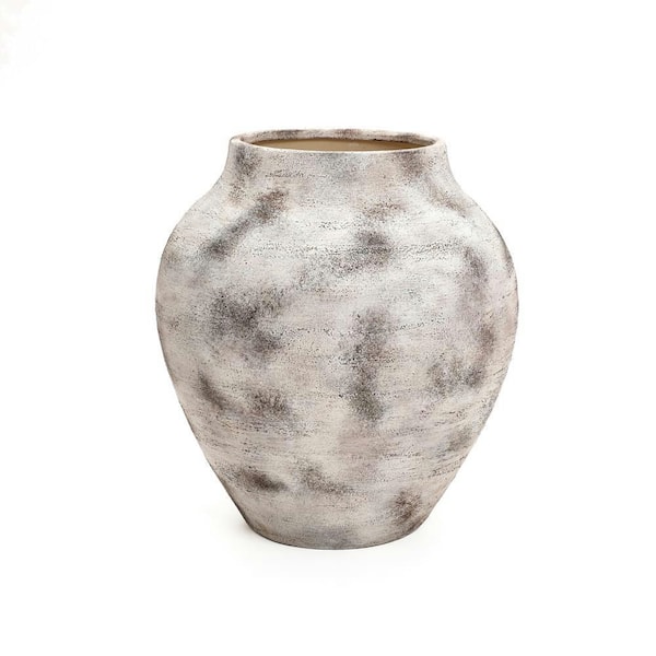 14.8 in. Tall Rustic Gray with Weathered White Finish Stoneware Vase for Farmhouse Decor