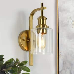 1-Light Brass Wall Sconce Modern Lantern Wall Light with Cylinder Clear Glass Shade for Bedroom Hallway Entryway