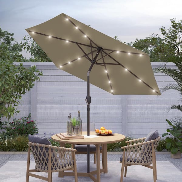 Sonkuki 7.5 ft. Solar Lighted LED Patio Market Crank and Tilt Umbrellas, Table Umbrellas, UV-Resistant Canopy in Taupe