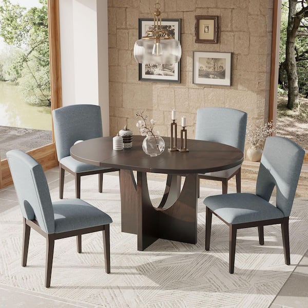 Harper & Bright Designs 5-Piece Espresso Wood Top Extendable Dining Table Set Seats-4 with 16.2 in. Removable Leaf, 4-Gray Linen Chairs
