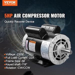5HP Air Compressor Motor 3450 RPM Single Phase Electric Motor 7/8 in. Keyed shaft 230V FLA 22A 56 Frame CW/CCW Rotation