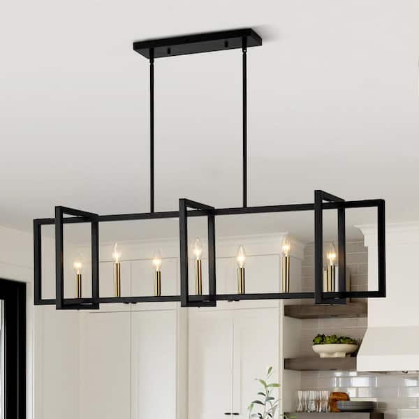 HUOKU LIBERTAB 7-Light 47.2 in.W Matte Black Pendant Light Industrial Farmhouse Rectangular Cage Kitchen Island Pendant Light