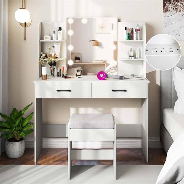 2-Piece White Makeup Vanity Set with Lighted Mirror Charging Station 3-Color Dimmable LED Lights