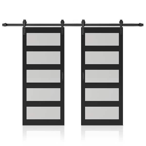84 in. x 84 in. 5 Lite Tempered Frosted Glass Black Finished Composite Double Sliding Barn Door with Hardware Kit Handle